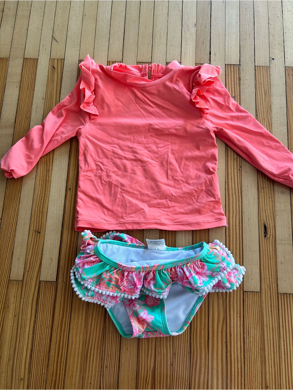 Snapper Rock Coral Long-Sleeve Rash Guard with Mint & Pink Floral Bikini Bottoms